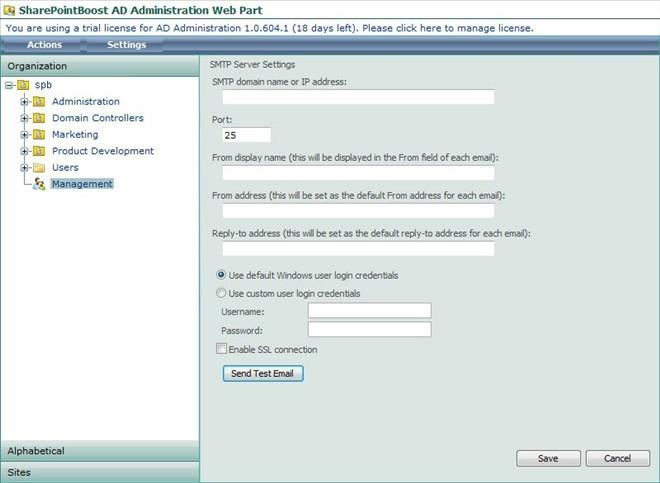 Here users can specify custom SMTP settings that are different from those configured in the AD Administration Settings in Central Administration.