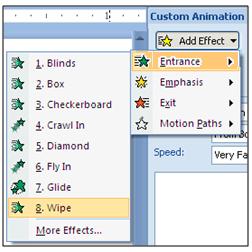 The selected effect appears in the panel below the options of Start (when will the effect take place,