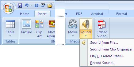 6 P age Insert Media Object - Sound 1. Go to the Insert tab and navigate to Sound in the Media group. 2. Select Insert from File, the file directory window will appear.