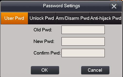 Figure 2-12 User password initially is 123456. Unlock password initially is null. Arm password initially is 123456. Disarm password initially is 123456. Anti-hijack password initially is 654321.