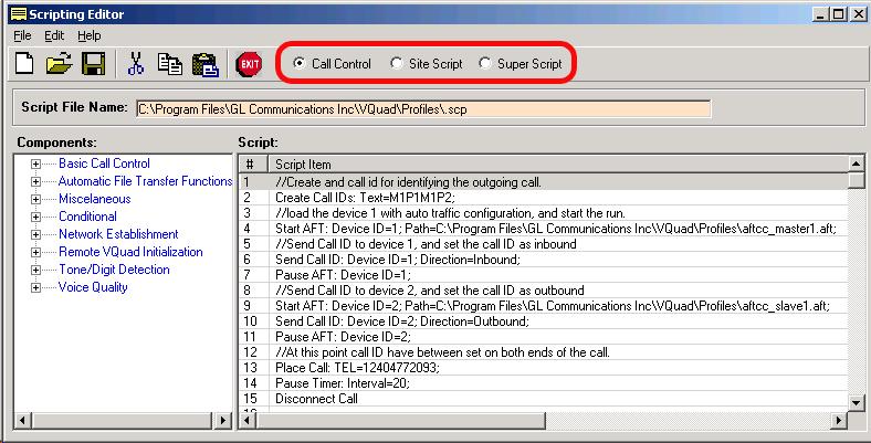 Automation through scripts The scripting editor allows the user to create and edit Call Control Scripts, Site Scripts, and Super Scripts.
