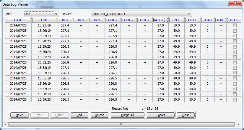 2 Data log Click Data Log item of Logs menu to open Data Log Viewer dialog to view data log, please refer to figure 3.3.7.2. Select each communication port to refer to specific UPS data logs, select all to refer to all UPS data logs.