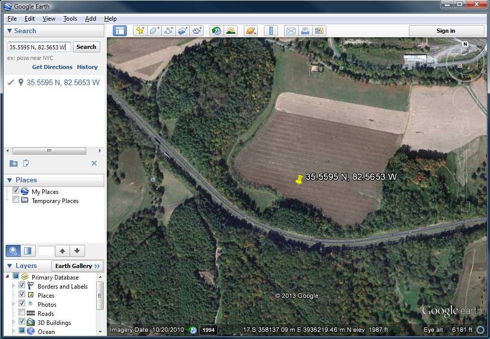 Figure 1: Building location in Google Earth. In Google Earth, go to the Search text box, enter the coordinate 35.5595 N, 82.5653 W (without quotation marks) into the text box and press the Enter key.