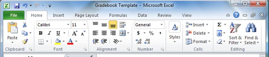 From the File menu select Save As and navigate to Work Files for Office 2010 > Data Files > Spreadsheet Documents Type Gradebook Template as the document name for the new spreadsheet and click on the