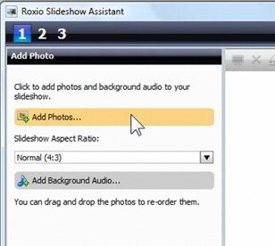 Open the Slideshow Assistant. Click on the Photo Tab and choose "Create Slideshows. 2. Add your photos. The first step is to bring in the photos that you want to use in your show.