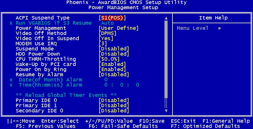 Power Management Setup Screen The Power Management Setup screen configures power management settings. The settings on this screen are all optimized defaults.