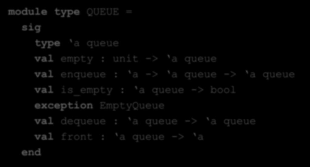 queue val is_empty : a queue -> bool exception EmptyQueue