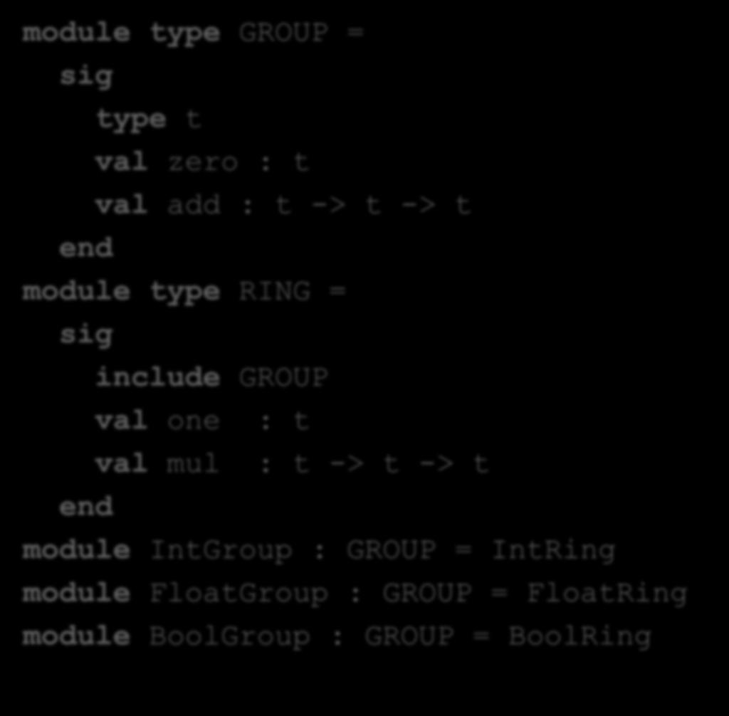 module type GROUP = type t val zero : t val add : t -> t -> t module type RING = include GROUP val one : t val mul : t -> t -> t Groups versus Rings module