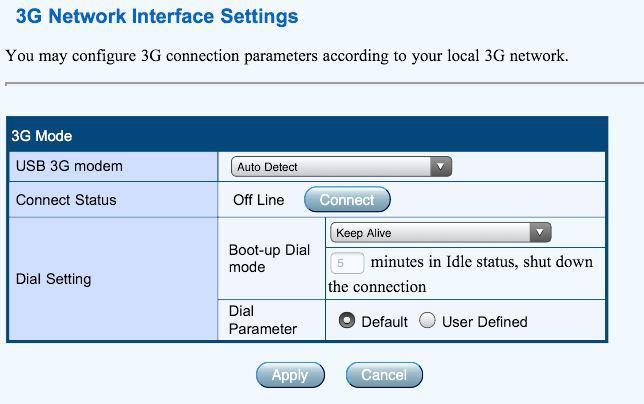 is the newly set one. 6.5 Setting of 3G Network Parameter When the user inserts the 3G usb dongle into the USB interface of the router, the router will automatically begin dialing up progress.