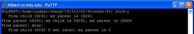 Example 2: 2/2 while parent is still running 19004 parent 19291 parent terminated 1 Orphan children have a new parent init, the Unix process that
