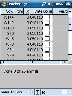 To enter a farrowing against W144, place a tick in the Done box against her number Fill out the data entry screen with the relevant details and tap OK to show new event on sow card All other events