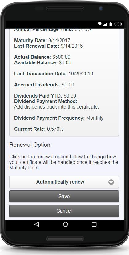 Change Certificate Renewal Options Within the Certificate detail screen, members can elect to