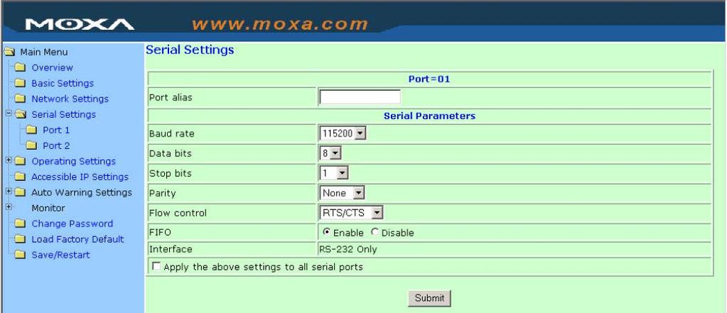 Port alias 1 to 15 characters (E.g., PLC-No.1) blank Optional Port alias is included to allow easy identification of the serial devices that are connected to NPort 5200 s serial port.