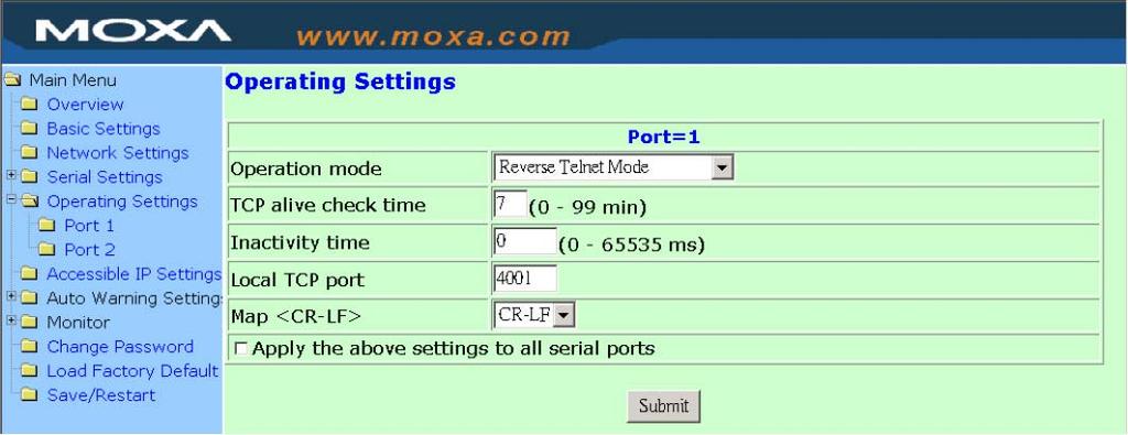 1 to 99 min: The NPort 5200 closes the TCP connection automatically if there is no TCP activity for the given time. Local TCP port TCP port No. (e.g., 4001) 4001 Required This Port No.