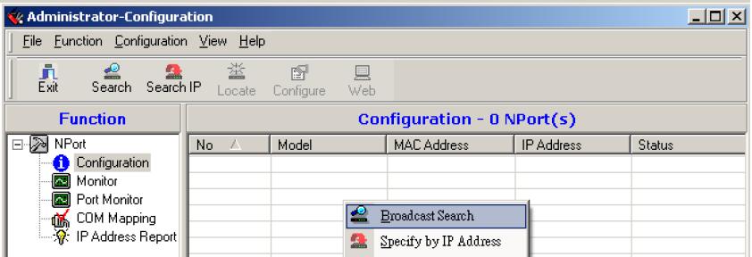 Since the Broadcast Search function searches by MAC address and not IP address, all NPort 5200s connected