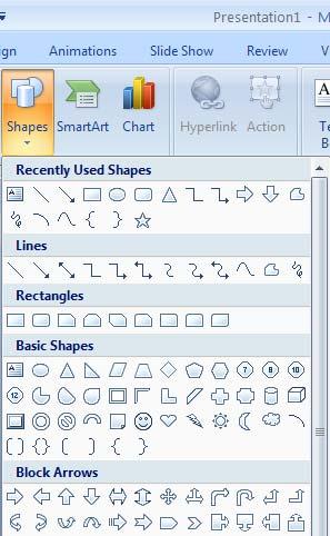 Drawing Shapes Microsoft PowerPoint comes with a variety of shapes, lines, arrows, callouts, and more that can be drawn in