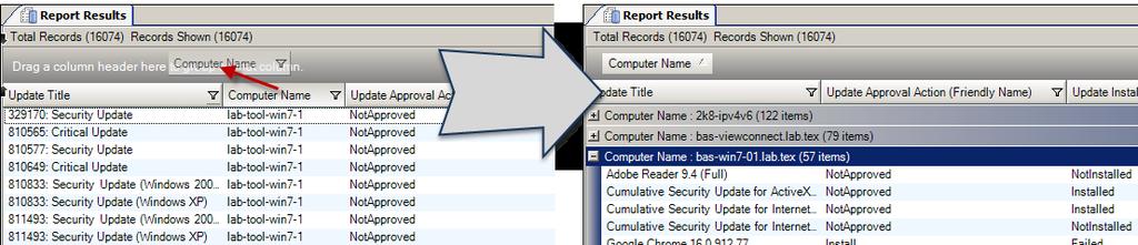 1. In the left pane of the Patch Manager console, expand Administration and Reporting > Reporting > WSUS Reports. 2. Select a report category.
