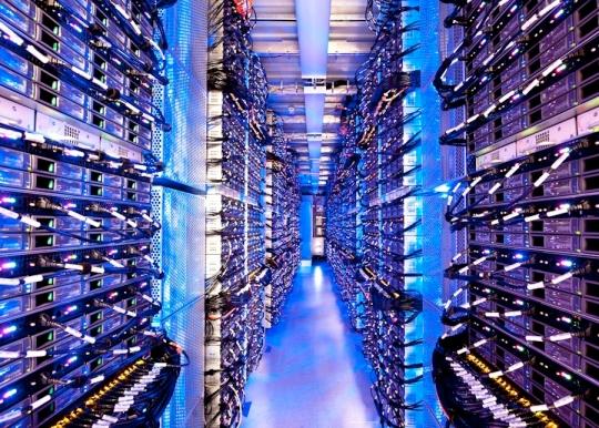 Inside a Data Center Giant warehouse filled with: Racks of servers
