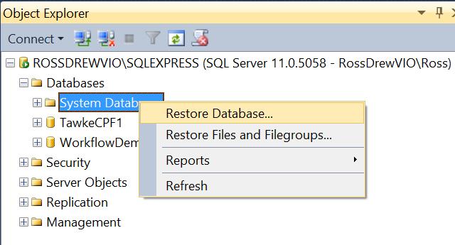 A Restore Database form will open. Select "Device" not Database. Open the file selector with the "..." button.