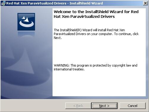 Chapter 3. Installing and configuring the para-virtualized drivers 2. Once the file is open, the Welcome screen appears. Select Next to proceed. 3. You are now prompted to select the type of install you want.