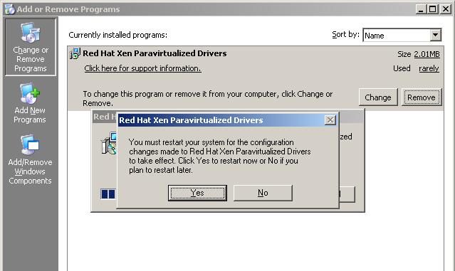 Windows guests. Procedure 6.1. Removing the para-virtualized drivers 1. Open the Add or Remove Programs in the Control Panel menu. 2.