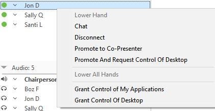 Clicking the right mouse button on a web participant brings up a menu of options for that participant. - Lower Hand lowers the participant s hand if it is raised.