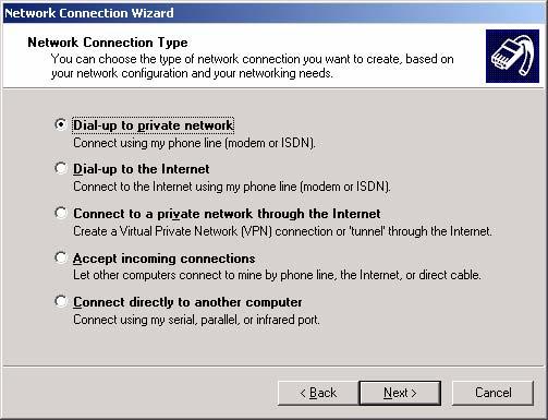 Remote Programming Setup (Not for Aspire Mail DMS) Windows 2000/XP 3. Click Next>. You see a screen similar to: 4. Be sure Dial-up to private network is selected, then click Next>.