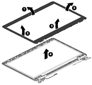 Use a plastic tool to disengage the bezel starting at the top (1), left and right sides (2), and bottom (3). b. Remove the display bezel (4).