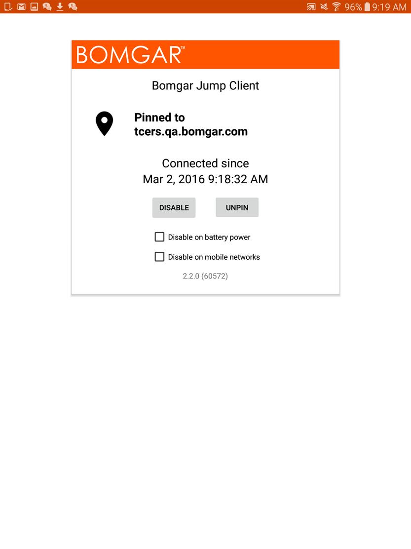 Note: Persistent connections to an unattended Android device can occur only when the devices have both the Bomgar Support Client App 2.2.7 and Bomgar Jump Client App 2.2.0 installed from the Google Play Store.