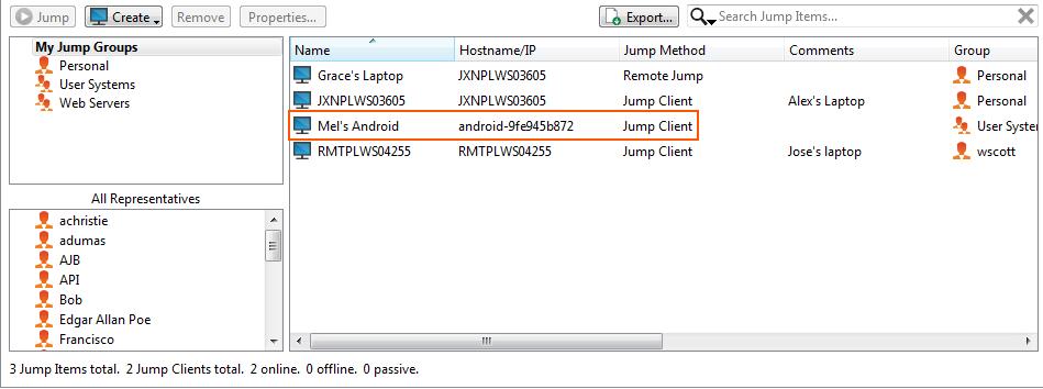 Pin an Android Jump Client from the Representative Console 1. While in a support session with the Android device, click on the Pin a Jump Client icon. 2.