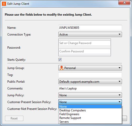 When a user has this permission, they can right-click any Jump Client they are allowed to modify, click Properties, and assign a session policy to the Jump Client using the Customer Present Session
