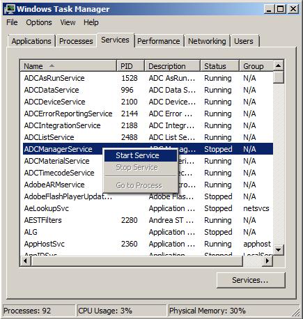 Automation Appendix 3. Right-click on the ADC Manager Service and from the popup select Start Service. 4. Wait for the Manager Service to start the other Services. This many take several minutes.