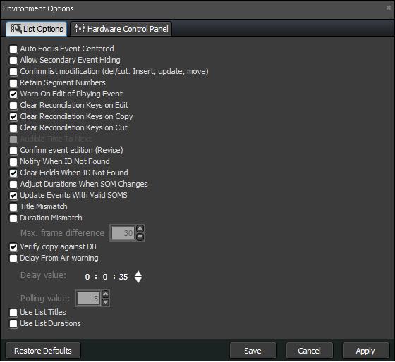 Manage Playlist v5 Configurations List options allows the user to select parameters that effect the behavior of the client. Settings apply to all lists that are managed through that client.