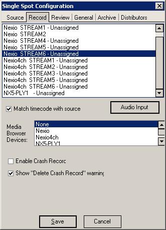 Ingest Component Configuration 4. Select the Record tab to configure Record Device(s). The record device is the device on which the media is dubbed to and is specified on the Record tab.