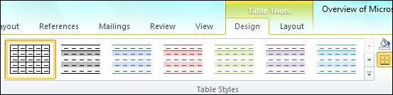 To access additional functionality, click the content you want to modify. 2 Under Table Tools, on the Design tab, in the Table Styles gallery, select a predefined style to apply to your table.