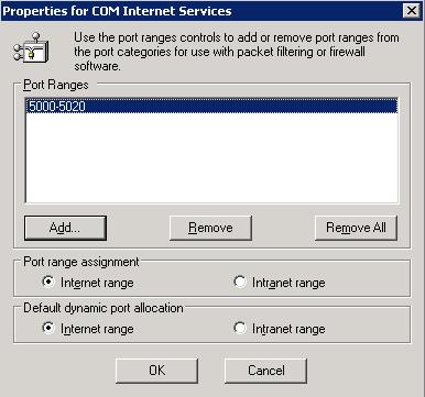 Click the Add button. Add a port range for COM services. In this example the range is from 5000-5020.