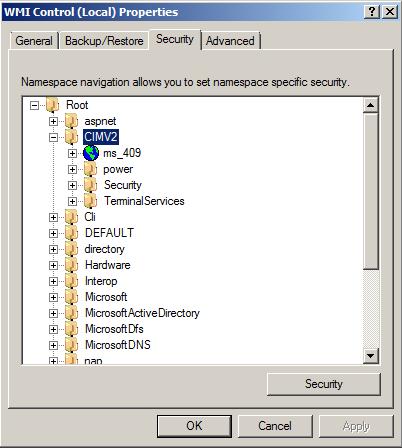 Click the Security tab of the WMI Control Properties window. Expand Root and select CIMV2. Click the Security button. Click the Add.