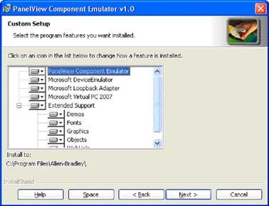 Custom causes the installer to bring up a dialog that allows you to customize the installation process. Express only installs the PanelView Component Emulator.