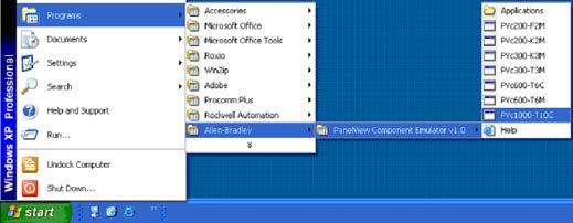 PanelView Component Emulator Appendix C Windows Start Menu The PanelView Component Emulator installer creates entries in the Windows Start Menu that can be used to launch a specific emulated terminal