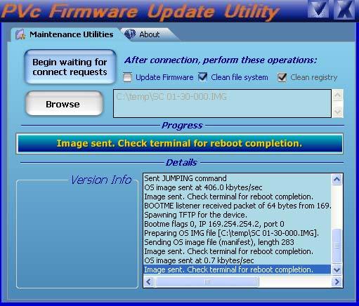 Appendix E Firmware Update Utility 5. Click the Begin Waiting for Connect Requests button to send the selected operations to the terminal when requested.