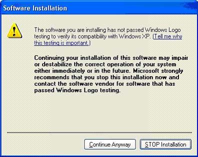 If the Windows Logo Test warning dialog box is