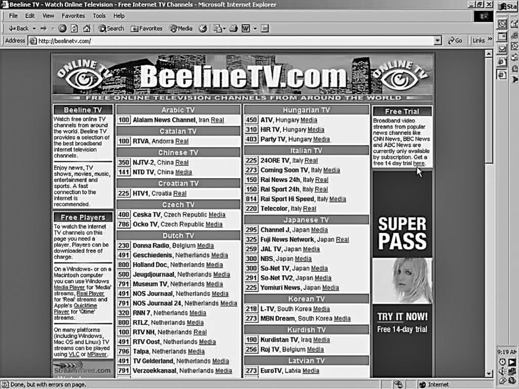 182 Understanding IPTV Figure 8.2 From the BeelineTV.com Web site you can access more than 100 Internet television stations. Player opening in a separate window. Figure 8.3 illustrates the window that opened after this author selected the AFTV sci-fi/horror station.