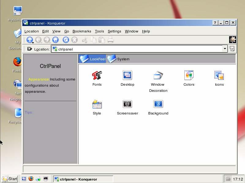 A typical desktop interface The center section of the screen is known as desktop, where many icons are placed, such as "my computer", "Net neighbour", "FireFox", and "Recycle Bin".