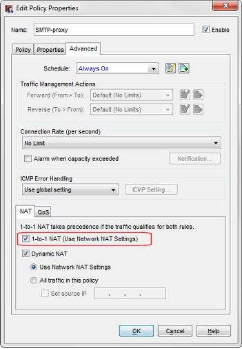 2. Click the Advanced tab to see the default policy NAT settings. You can see that 1-to-1 NAT (Use Network NAT Settings) is enabled. This is the default.