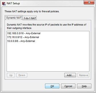 Dynamic NAT Configuration The default dynamic NAT configuration automatically applies dynamic NAT to all traffic from one of the three private IP address ranges to any external interface.