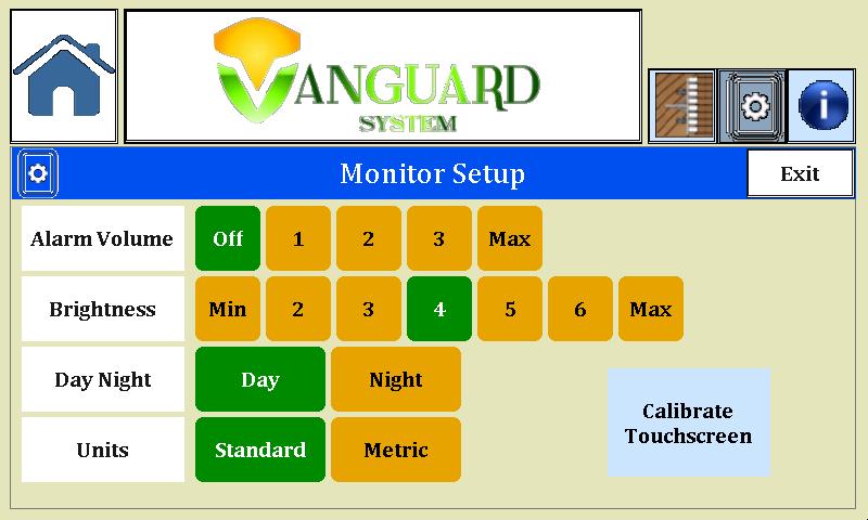Monitor Setup Alarm Volume. There are four levels of intensity for the audible alarm plus mute. Select from the levels shown or select Off to Mute the alarm. Brightness Control.
