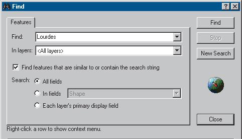 Finding a location In ArcReader it is easy to find a feature based on a name or value using the Find tool. 1. Click the Find tool. The Find dialog box appears. 1 2. In the Find text box, type Lourdes.