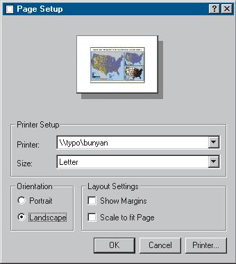 The Page Setup dialog box opens. This dialog box contains options that let you change which printer you are using or change the settings for that printer. 2.