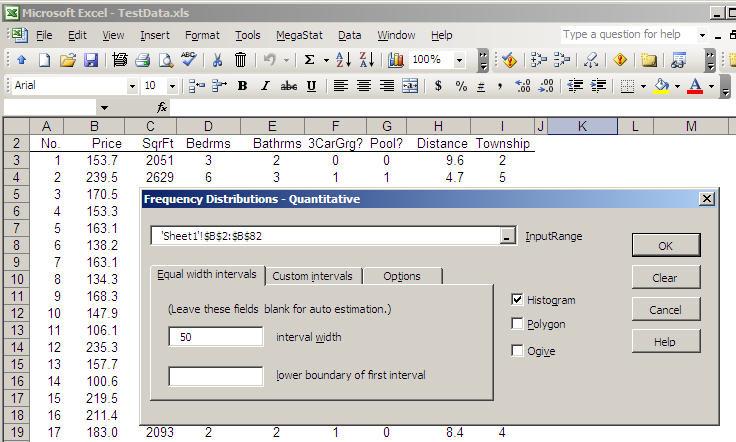 Figure 6. Completed dialog box waiting for OK click. After you click OK the dialog box disappears and MegaStat does the requested calculations.