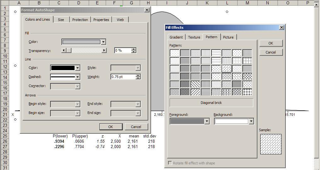 m. Click the Pattern tab. Click the Diagonal brick pattern. Click the Foreground dropdown and select Gray-50%. The dialog boxes will now look like Figure 9e.
